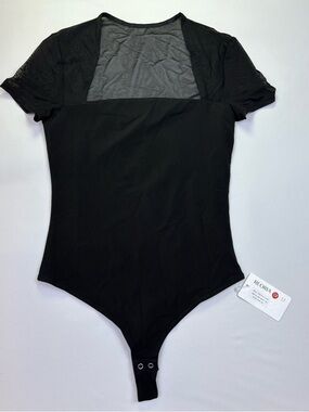 Reoria Black Mesh Bodysuit Short Sleeve Sheer Top Snap M NWT